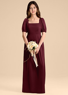 Azazie Briar Junior Vestido de Cabernet de Satén Elástico de Corte en A con Lazo image1