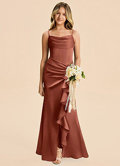 Azazie Rosalia Junior Auburn Sheath Pleated Stretch Satin Dress image1