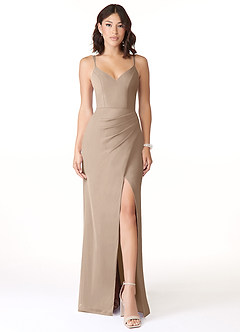 Azazie Leo Bridesmaid Dresses Taupe Mermaid V-Neck Pleated Chiffon Dress image1