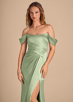Azazie Shea Jurken voor bruidsmeisjes Converteerbaar Jurk van Metaalachtig Satijn met Zeemeermin Off the Shoulder Stoffige Salie image6