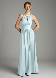 Azazie Bonnie Bridesmaid Dresses Sea Glass A-Line Pleated Stretch Satin Dress image3