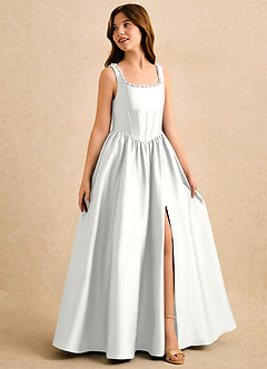 Azazie Enid Girls Formal Abiti da Ragazza di Fiori Abito A-Line in Raso Elasticizzato Perline Bianco image3