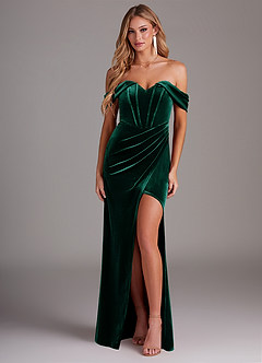 Azazie Jas Bridesmaid Dresses Emerald Sheath Off-The-Shoulder Corset Velvet Convertible Dress image1