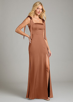 Azazie Frostine Bridesmaid Dresses Bronzer A-Line Bow Stretch Satin Dress image5