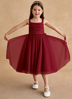 Azazie Gabbie Flower Girl Dresses Burgundy A-Line Pleated Matte Satin Dress image3