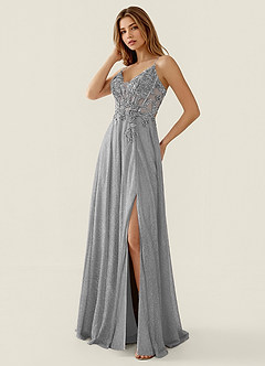 Zahara Silver V-neck Lace Corset A-line Prom Dress image3