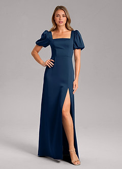 Azazie Fyona Vestidos de damas de honor Vestido de Azul Marino Oscuro de Satén Elástico de Corte en A con Plisado image1