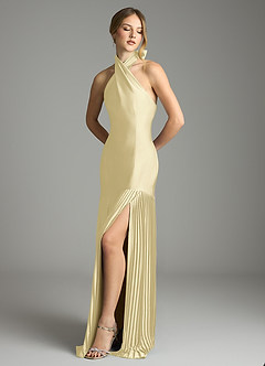 Azazie Nayeli Final Sale Lemon Sorbet A-Line Pleated Stretch Satin Dress image7