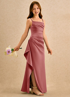 Azazie Cannoli Girls Formal Sukienki dla dziewczynek sypiących kwiaty Linia A Pofałdowany Satyna elastyczna Długość podłogi Sukienka image1