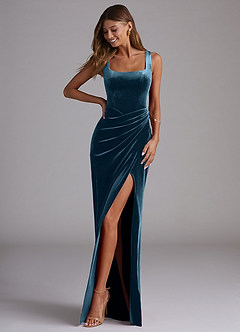 Azazie Mero Vestidos de damas de honor Vestido de Topacio Azul de terciopelo de Corte Recto con Plisado image1
