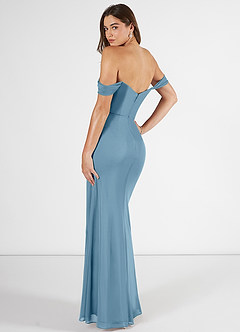 Azazie Kit Bridesmaid Dresses Steel Blue Mermaid Off the Shoulder Mesh Dress image4