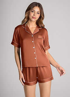 front Matching Color Satin Contrast Piping Pajama Set