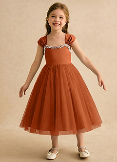 Azazie Yosemite Flower Girl Dresses Burnt Orange Ball-Gown Sweetheart Neckline Tulle Dress image4