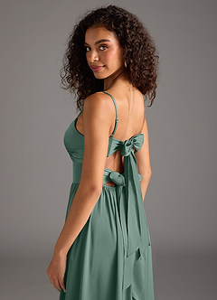 Azazie Zeya Bridesmaid Dresses Eucalyptus A-Line Pleated Stretch Satin Dress image5