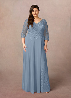 Azazie Noella Mère de la mariée Robes Robe Trapèze en Mousseline de soie Col V Dentelle Bleu Poussiéreux image9
