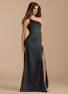 Azazie Trina Vestidos de damas de honor Vestido de Negro de Satén Metálico de Corte en A con Hombro unilateral image4