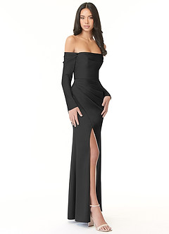 Azazie Hallie Bridesmaid Dresses Black Sheath Off-The-Shoulder Long Sleeve Stretch Satin Convertible Dress image5