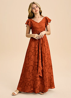 Azazie Omari Junior Paprika A-Line Pleated Floral Burnout Dress image1