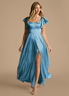 Azazie Bondi Bridesmaid Dresses Steel Blue A-Line Bow Metallic Satin Dress image6