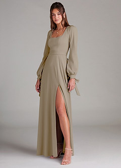 Azazie Leonia Bridesmaid Dresses Taupe A-Line Long Sleeve Stretch Crepe Dress image5