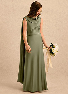 Azazie Sanah Girls Formal Robe Demoiselle D'honneur Fillette Robe Trapèze en Satin extensible Plissée Pistache image1