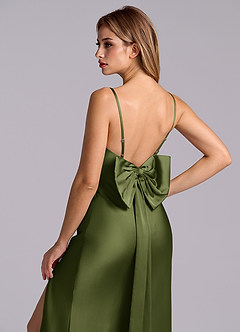 Azazie Kimberly Final Sale Olive Sheath Bow Stretch Satin Dress image7