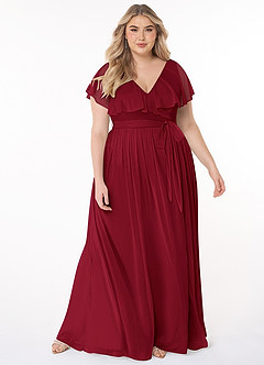 Azazie Jael Bridesmaid Dresses Burgundy A-Line V-Neck Mesh Dress image7