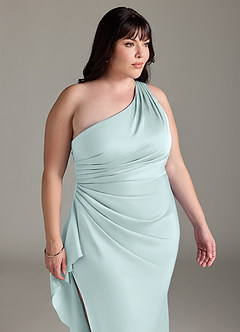 Azazie Latrice Bridesmaid Dresses Sea Glass Sheath One Shoulder Cascading Ruffles Stretch Satin Dress image11