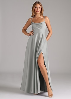 Azazie Elle Bridesmaid Dresses Silver A-Line Pleated Stretch Satin Dress image3
