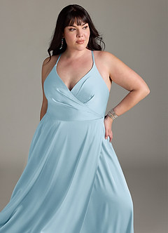 Azazie Davis Bridesmaid Dresses Sky Blue A-Line Pleated Stretch Satin Dress image11