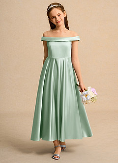 Azazie Teeny Girls Formal Sukienki dla dziewczynek sypiących kwiaty Linia A Pofałdowany Matowy satynowy Długość kostki Sukienka image3