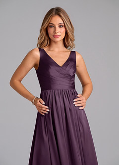 Azazie Keyla Bridesmaid Dresses Plum A-Line Pleated Stretch Satin Dress image3