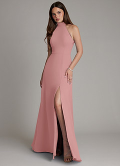 Azazie Myra Bridesmaid Dresses Dusty Rose A-Line High Neck Chiffon Dress image1