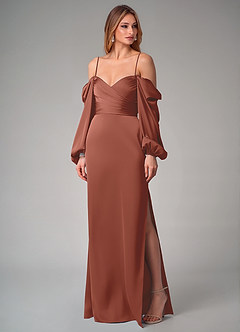 Azazie Sonata Bridesmaid Dresses Auburn Sheath Long Sleeve Stretch Satin Convertible Dress image7