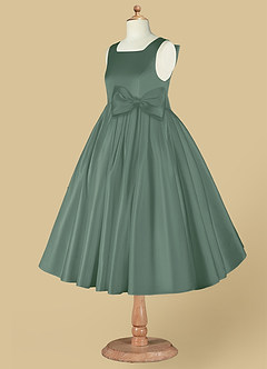 Azazie Bo Peep Blumenmädchenkleider A-Linie Schleifen Matte Satin Kleid Eukalyptus image9