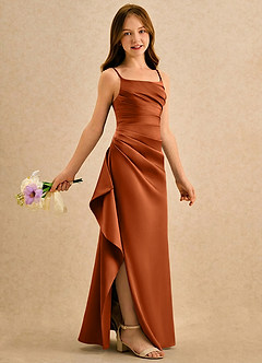 Azazie Cannoli Girls Formal Blumenmädchenkleider A-Linie Plissee Matte Satin Kleid Gebranntes Orange image1