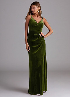 Azazie Leo Bridesmaid Dresses Olive Sheath Pleated Velvet Dress image4