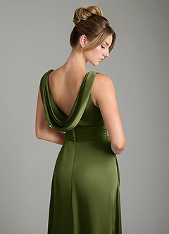 Azazie Karina Bridesmaid Dresses Olive A-Line Pleated Stretch Satin Dress image2