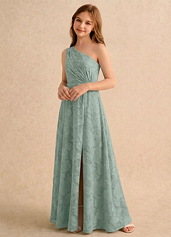 Azazie Pudles Girls Formal Robe Demoiselle D'honneur Fillette Robe Trapèze en Blumen-Burnout Asymétrique Agave image5
