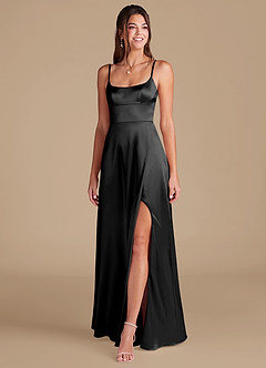 Azazie Halsey At-home Try On Dresses Black A-Line Side Slit Metallic Satin Dress image3
