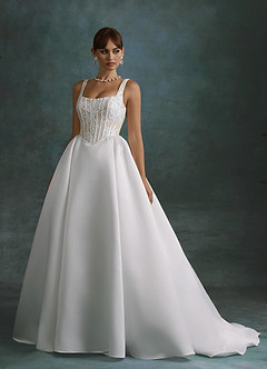 Azazie Belle Wedding Dresses Diamond White Champagne Ball-Gown Satin Dress image4