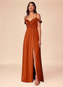 Azazie Ocean Brautjungfernkleider A-Linie V-Hals Gefaltet Stretch-Satin Kleid Gebranntes Orange image1