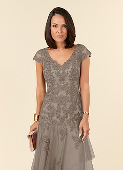Azazie Romy Mother of the Bride Dresses Taupe Mermaid V-Neck Sequins Tulle Dress image5