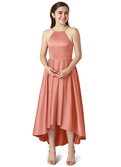 Azazie Jemima Junior Coral A-Line with Pockets Stretch Satin Dress image4