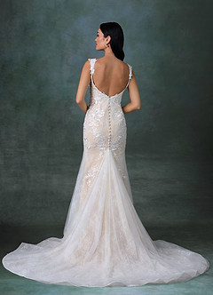 Azazie Veronica At-home Try On Dresses Diamond White Champagne Mermaid Tulle Dress image5