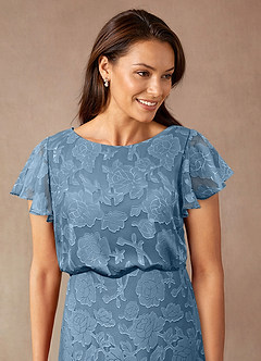 Azazie Lehi vestidos de madre de la novia Vestido de Azul Acero de Devorado Floral de Corte En A con Cuello de barco image6