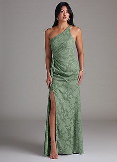 Azazie Mika Robes de demoiselle d'honneur Robe Fourreau en Blumen-Burnout Ue épaule Matcha image3