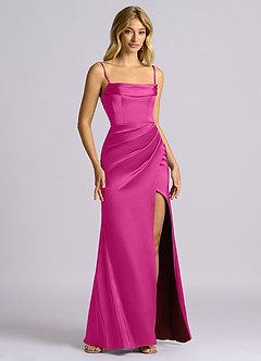 Azazie Auden Vestidos de madrinha de casamento Vestido Fúcsia de Cetim elástico de Bainha com Fora do ombro image3