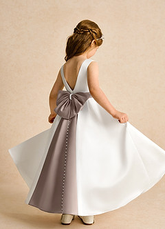 Azazie Cherry Flower Girl Dresses Ivory Taupe Ball-Gown Pleated Matte Satin Dress image4