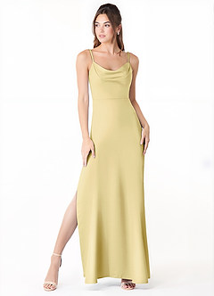 Azazie Alaija Bridesmaid Dresses Lemon Sorbet Mermaid Side Slit Stretch Satin Dress image2